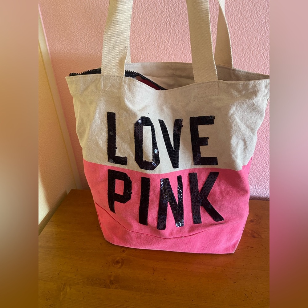 Love Pink Tan Canvas Bag Sequins Black Beach Overnight Reusable Tote